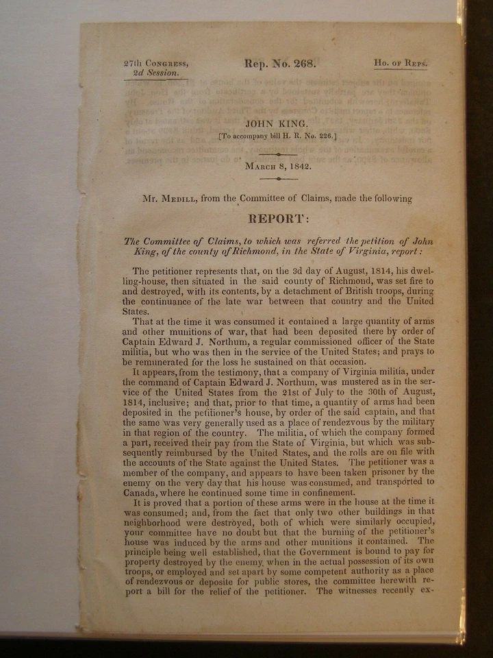 Gov Report 1842 John King Richmond VA Claims House Set Fire by British Troops Foto 1 de 1