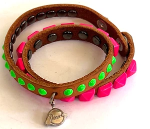 DIESEL Women's Vintage Aged Double Wrap Logo Studded Cuff Bracelet, Pink/Brown - Picture 1 of 5