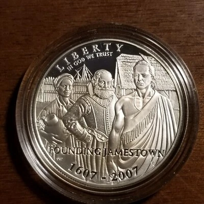 2007 Jamestown Commemorative Silver Dollar GEM Proof in original box and COA - Image 1 of 3