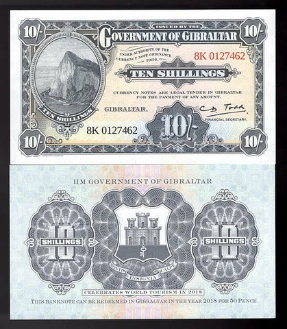 Gibraltar 10 Shillings, 2018, COMM., 1934, UNC. (US SHIPPING) Cover