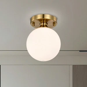Gold Semi Flush Mount Ceiling Light 5.9" Glass Shade Hallway Entryway Bedroom - Picture 1 of 8