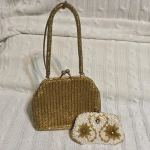 Vintage La Regale Mesh Hand Purse/ Unbranded Beaded Floral Pattern Coin Purse - Picture 1 of 16