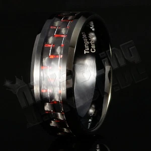 Black and Red Carbon Fiber Tungsten Carbide Inlay Wedding Band Bridal MEN Ring - Picture 1 of 4
