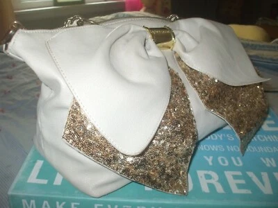 Bolso de hombro Betsey Johnson cuero tostado lentejuelas doradas arco bolso bolso shopper Foto 1 de 4