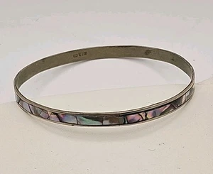 Bracciale Vintage Silvertone Braccialetto Sottile Marcato MESSICO Intarsiato Inserto Abalone Pezzo - Foto 1 di 7