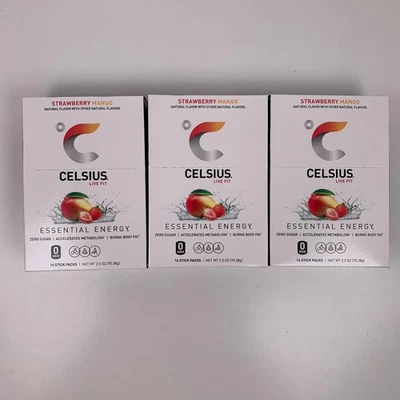 (3) Mezcla de bebida energética de mango fresa CELSIUS On The Go 14 unidades BB 4/27 Foto 1 de 4
