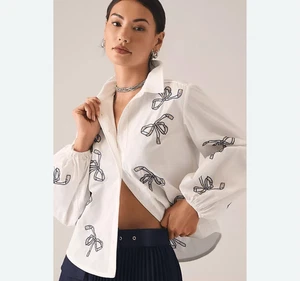 Maeve Anthropologie Bow Poplin Buttondown Shirt Blouse Women’s XL Sequin - Picture 1 of 10