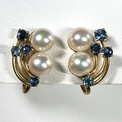 Vintage Fisher & Co 14K Yellow Gold Earrings Pearl Blue Spinel Signed Screwback - Image 1 of 4