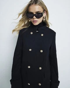 River Island Womens Black Wool/Acrylic Blend Basic Coat 16 Petite - Picture 1 of 15