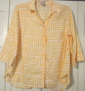 Chemise femme Chico's No-Iron 100% lin taille 3 (XL) manches 3/4 jaune géométrique - Photo 1/5