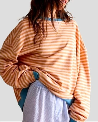 FREE PEOPLE Womens Jumper Classic Striped Sweatshirt, Size XS, Oversized BNWT - Image 1 of 4