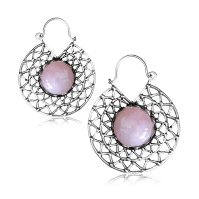 PAR DE TAPONES DE LATÓN PLATEADO DE 1” 5/8 pulgadas de piedra de cuarzo rosa de 18 g medidores de pendientes Foto 1 de 4