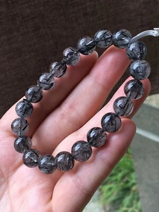 9.7mm Natural bar Black Hair Rutilated Crystal Round Beads Sphere Bracelet - Picture 1 of 2