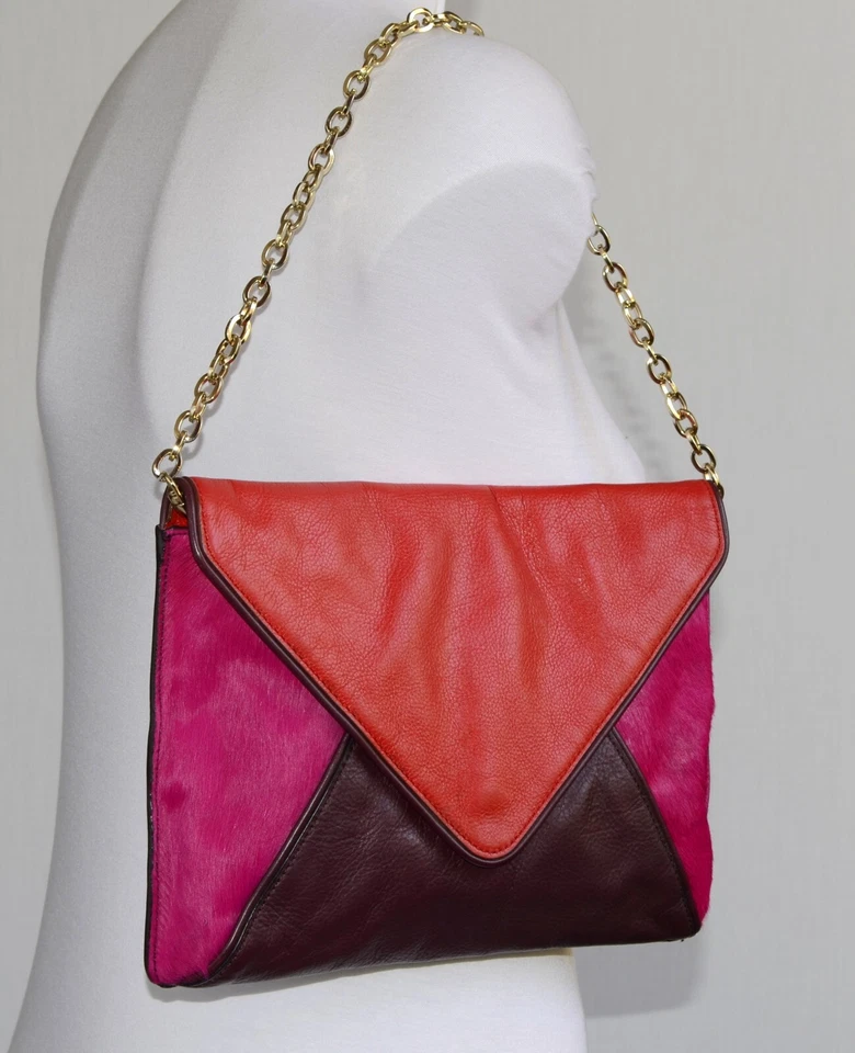 Colourful PINK, RED & BURGUNDY LEATHER SHOULDER BAG / CLUTCH , CHAIN STRAP , S/M - Image 1 of 4