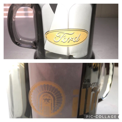 Vintage University Of  Illinois fighting Illini Glass Ford Motors Mug Logo Chief Cover