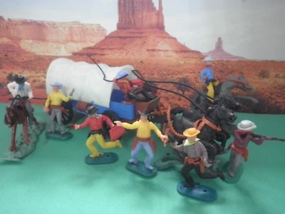 Soldatini Toy Soldiers Cowboys CARRO Cloni Timpo Swoppets Made Hong Kong CP - Immagine 1 di 3