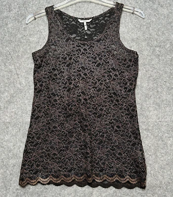 Camiseta sin mangas BKE para mujer XL negra marrón dorada capa de encaje transparente ajustada gótica elástica divertida Foto 1 de 4