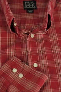 Camisa informal Jos A Bank Traveler para hombre roja y tostada a cuadros de algodón L grande - Imagen 1 de 4