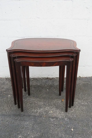 1940s Inlay Leather Top Mahogany Nesting Side End Tables Set of Three  3822 Cover