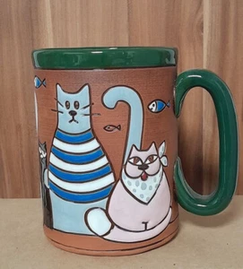 Keramik Tasse Grün *Katzenpaare* Bunt Bemalt Deko Handarbeit - Bild 1 von 3