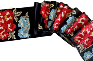 Vintage Japanese Kimono Silk Obi, Satin Black Floral Full Length 420cm Mint Cond - Picture 1 of 11