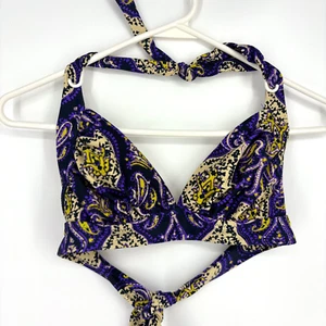 J. Crew Womens Medium Bikini Top Purple Yellow Beige Paisley Halter Ties at Back - Picture 1 of 6
