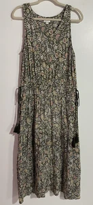 J Jill Dress Medium Green Floral Maxi Cottagecore Boho Tassels Tiered Stretch - Picture 1 of 12