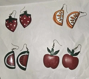 4 Paar Vintage Holz Ohrringe handbemalt Früchte Orange Erdbeere Wassermelone Apfel - Bild 1 von 6