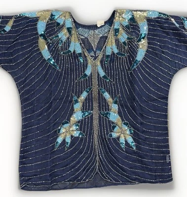 VTG 1980s Beaded Sequin Silk Top Made in Hong Kong Blue Butterfly Glam Blouse - Image 1 of 4