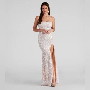 NWT Windsor Women's Medium Priya Formal Iridescent Sequin Scroll Dress Prom - Picture 1 of 9