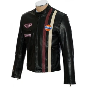 Men Steve McQueen Style driver Heuer Motorbike Genuine Black Real Leather Jacket - Picture 1 of 5