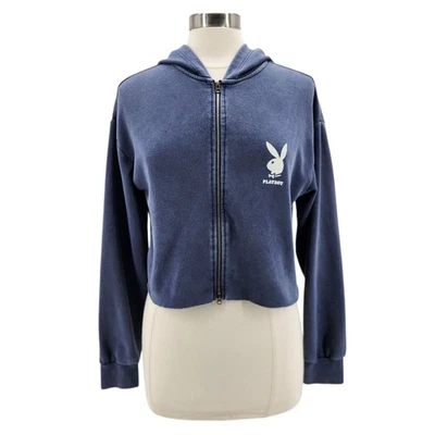 Playboy Pacsun Womens Medium Hoodie Playboy Bunny Logo Cropped Zipper Blue - Image 1 of 4