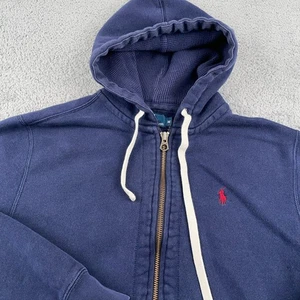 VTG Polo Ralph Lauren Hoodie Mens Medium Blue Full Zip Drawstring Classic Pony - Picture 1 of 10
