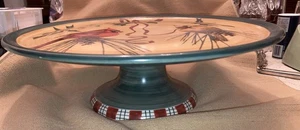 LENOX Hand Ptd “WINTER GREETINGS” Footed CAKE STAND, 2 Cardinals, 12"x 4”, NWT - Picture 1 of 7