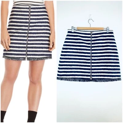 Sonia Rykiel Size 42 (12) Blue & White Striped Tweed Fringe Mini Skirt Designer - Image 1 of 4