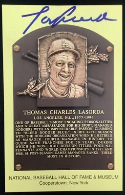 Tom Lasorda Signed Gold HOF Plaque Postcard Yellow Dodgers Autograph MLB JSA - Image 1 of 2