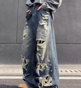 Hombres Retro Azul Denim Jeans Pierna Recta Informal Agujeros Rasgados Pantalones Punk Pantalones - Imagen 1 de 10