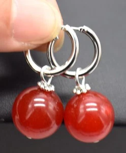 Natural Beautiful 14mm Red Jade Round Gemstone Beaded Silver Leverback Earrings - Picture 1 of 12
