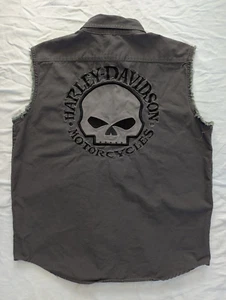 MEN’S X-Large HARLEY DAVIDSON WILLIE G SKULL BUTTON DOWN VEST SLEEVELESS FRAYED - Picture 1 of 8