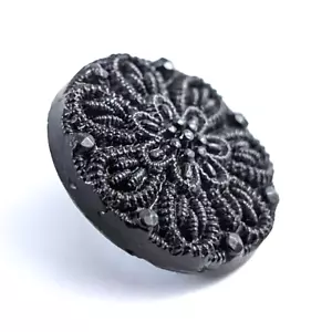 Antique Black Glass Buttons 1/2" Faceted Flowers Floral Set Of 24 - Picture 1 of 17