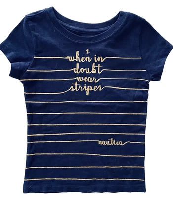 Camiseta Nautica Niñas Talla 5 Manga Corta Azul Marino con Letras Brillo Dorado Foto 1 de 4
