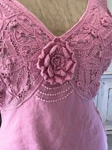 Vintage Boho NOUGAT PINK LINEN LACE CROCHET SHORT MINI DRESS 10 12 🩷 Flare Cute - Picture 1 of 13