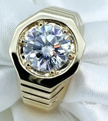 4CT Round Lab Grown Diamond F/VS1 Solitaire Office Wear Men Ring 14k Yellow Gold - Image 1 of 4