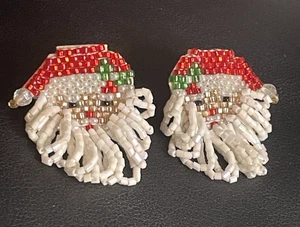 Vintage Santa Earrings Beaded Cllip On Dangle Beard Hat Holiday Jewelry Retro - Picture 1 of 8