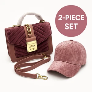 Rosa Samt Handtasche & Mütze Set - gesteppte Umhängetasche + Crushed Velvet Cap - Bild 1 von 12