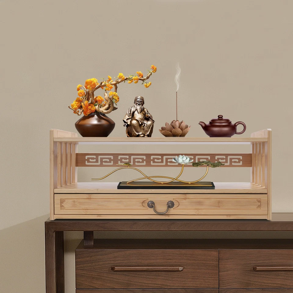 Bamboo Altar Table with Drawer Puja Table for Meditation,Plant,Book 27.2*9.8*11“ - Image 1 of 4