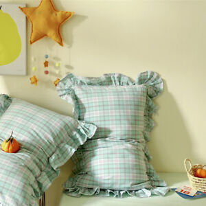 2Pcs Washed Cotton Falbala Pillowcase Checked Pillow Cover Bedding Accessory New