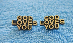 VINTAGE - BERKANDER - HAT LAPEL PIN - GOD LOVES YOU - TWO PINS - BLACK / GOLD - Picture 1 of 10