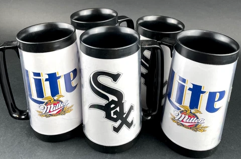 Vintage Chicago White Sox Miller Lite Thermo Serv Beer Mugs Plastic Lot of 5 Cover