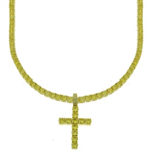 CZ Gold Finish Yellow Lab Diamond Cross 4mm Canary Tennis Chain 1 Row Necklace - Picture 1 of 4